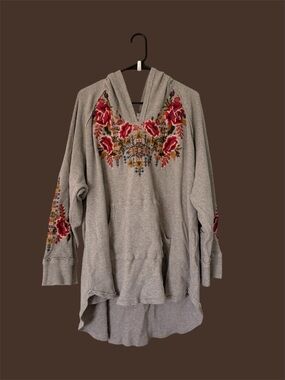 Johnny Was Grey Hooded Pullover with Red Floral Embroidery